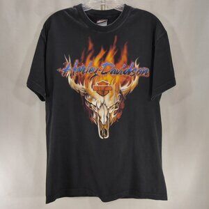 Mens VTG 2000 Harley Davidson Flaming Cow Skull T-Shirt South East Bedford OH M